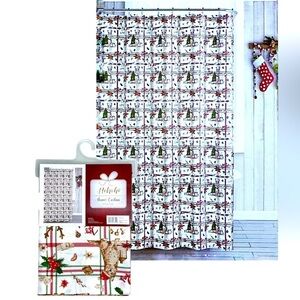 Christmas Shower Curtain Fabric Tartan Buffalo Plaid Dog Print Red White 70 x 72